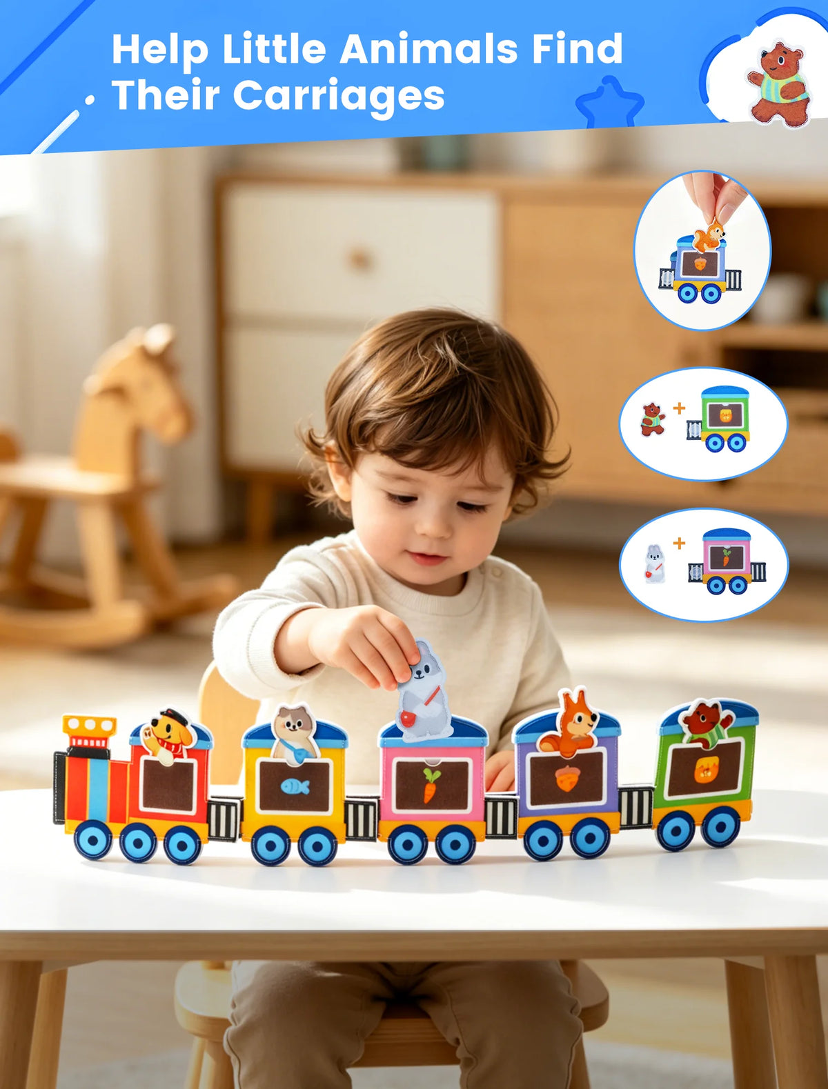 A child plays with a wooden train toy featuring various animals and objects for sensory learning.