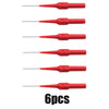 Six red multimeter back-piercing test probes with needle tips arranged vertically.