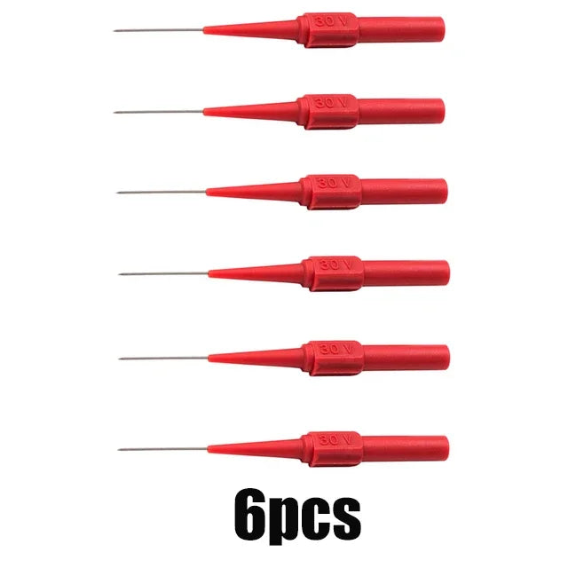 Six red multimeter back-piercing test probes with needle tips arranged vertically.