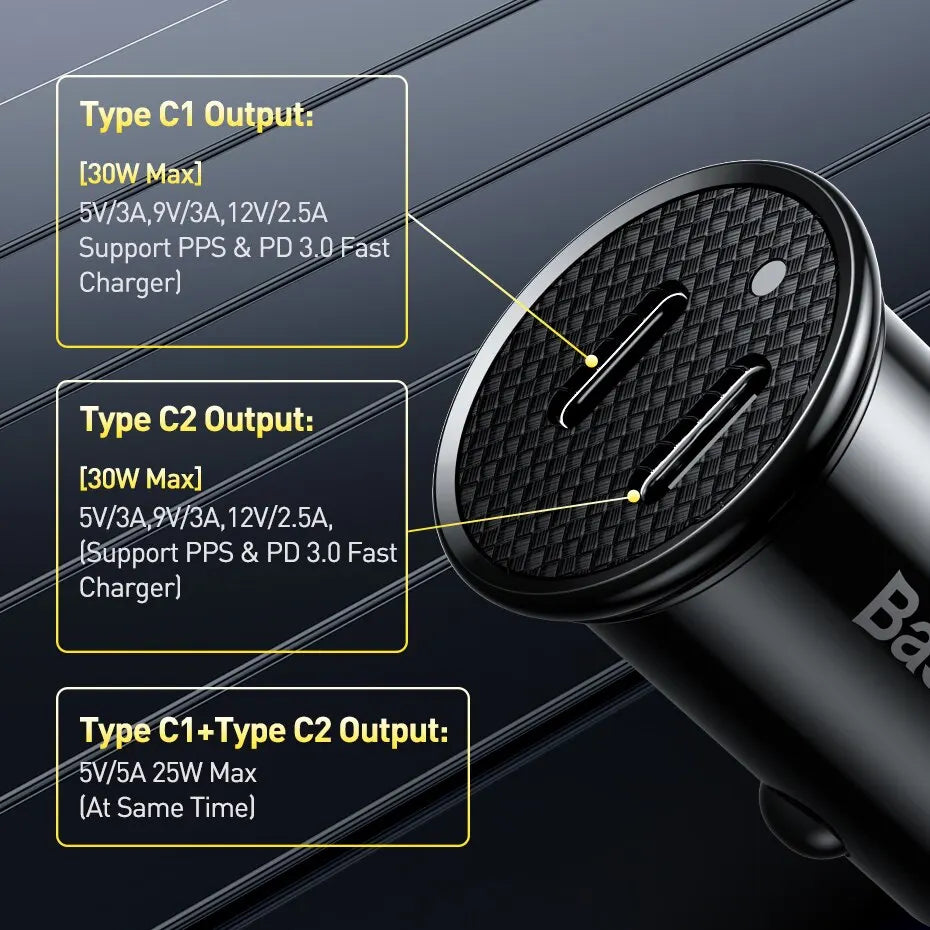 A close-up view of a black USB-C car charger showing specifications for Type C1, Type C2, and combined output.