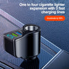 A black cigarette lighter expansion device with three fast charging lines and a digital display shown on a textured surface.