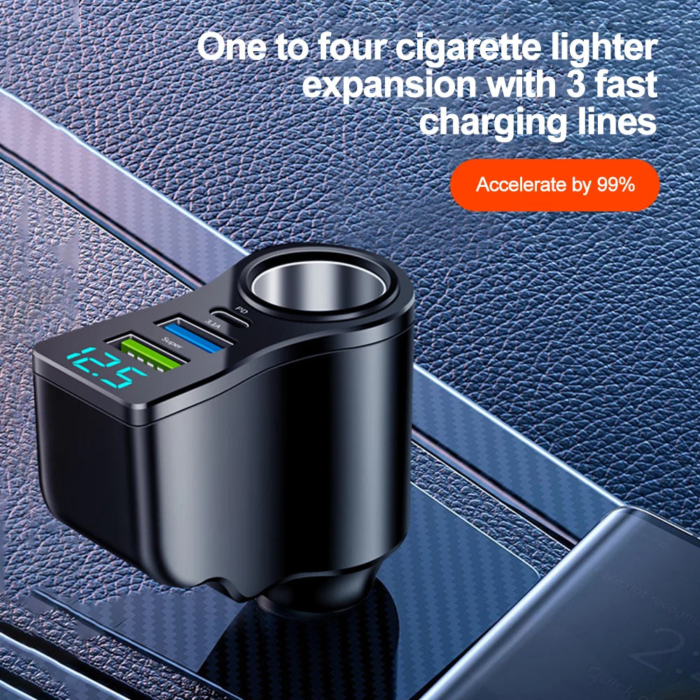 A black cigarette lighter expansion device with three fast charging lines and a digital display shown on a textured surface.