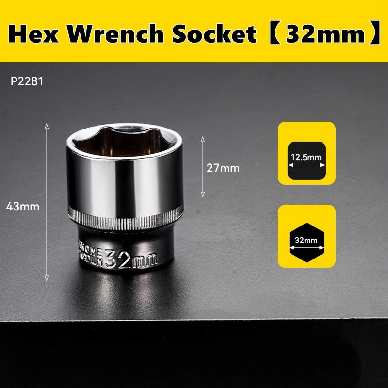 A close-up view of a 32mm hex wrench socket with a 12.5mm drive size and a 32mm hexagonal opening.