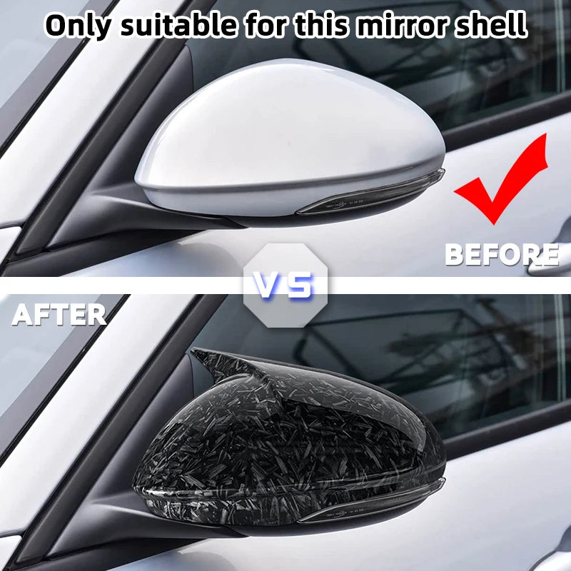 Before and after comparison of gloss black mirror covers for a car mirror shell.