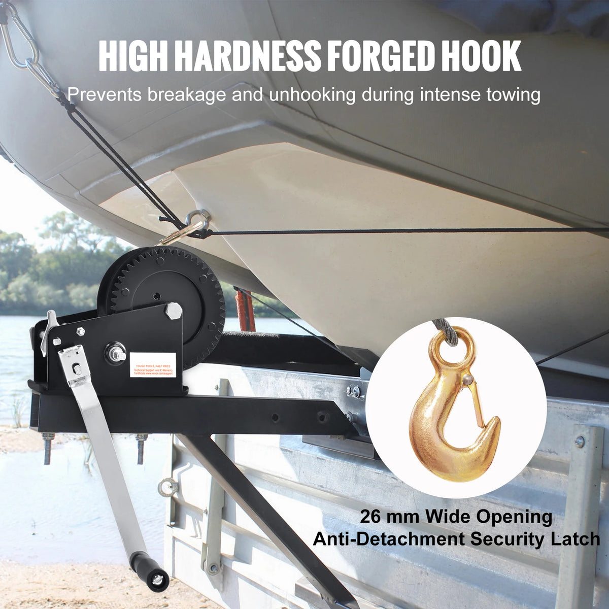 A high hardness forged hook is shown attached to a tow bar, preventing breakage during towing.