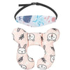 Pink baby car seat head and neck support pillow with safety strap featuring cute animal designs