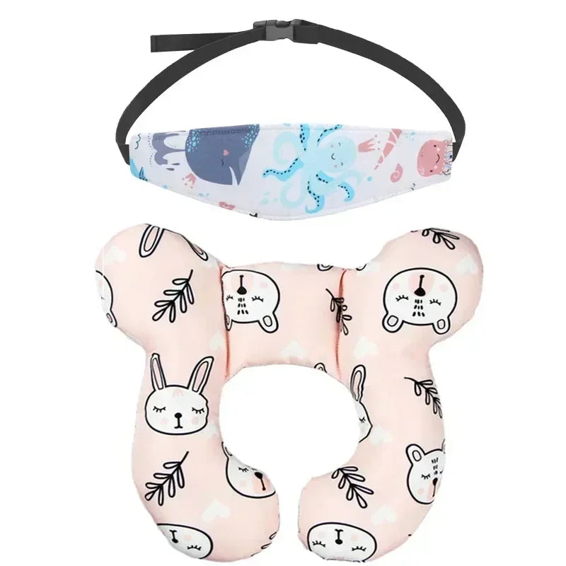 Pink baby car seat head and neck support pillow with safety strap featuring cute animal designs
