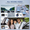 A 4-inch dual view dash cam system showing front, interior, and rear recording capabilities in a car.