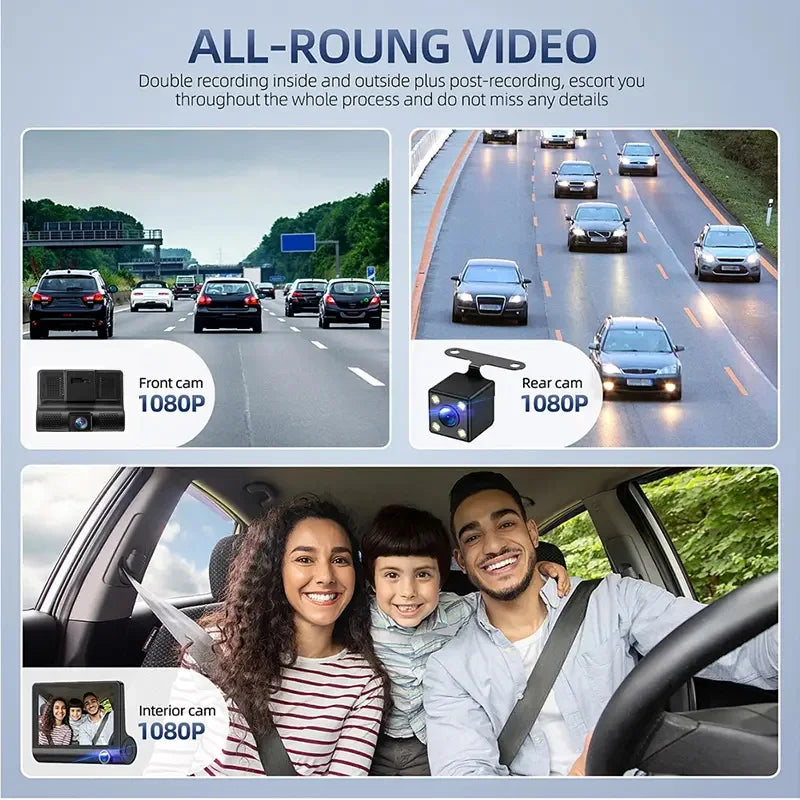 A 4-inch dual view dash cam system showing front, interior, and rear recording capabilities in a car.