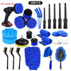 A collection of 26 pieces of blue and black drill brushes, cleaning tools, and extensions for home and auto detailing.
