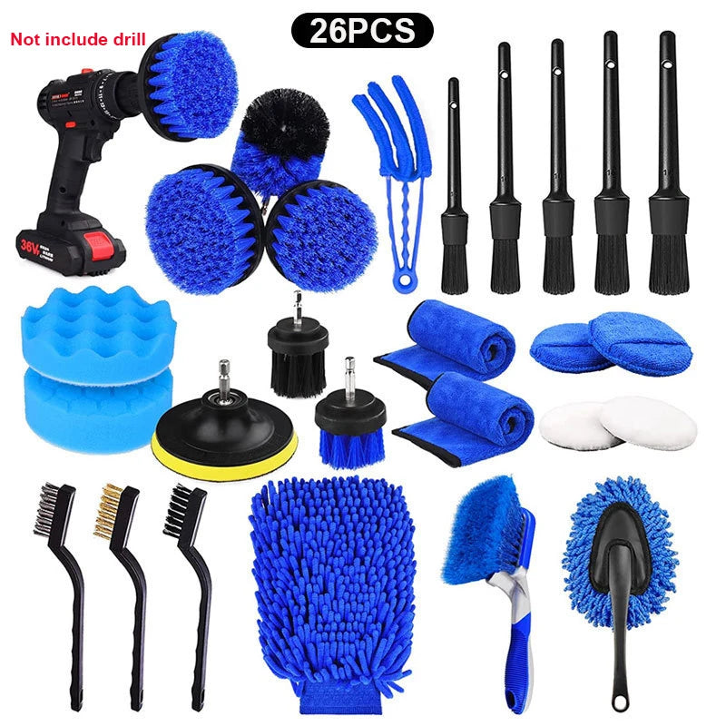 A collection of 26 pieces of blue and black drill brushes, cleaning tools, and extensions for home and auto detailing.