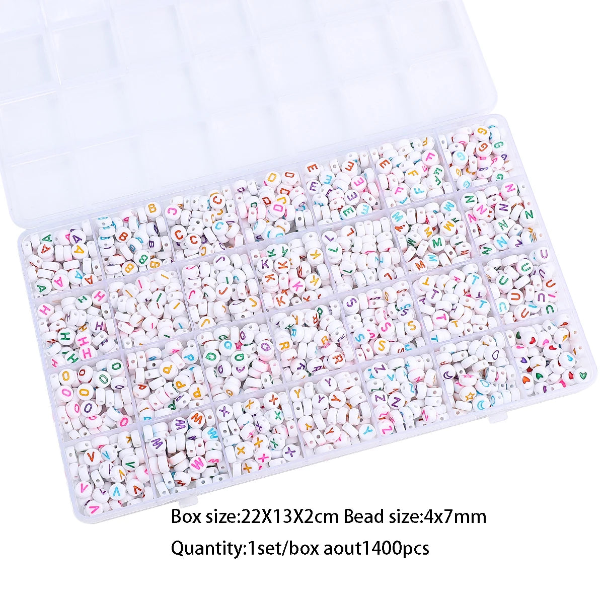 A clear grid storage box filled with a set of acrylic letter beads for jewelry making