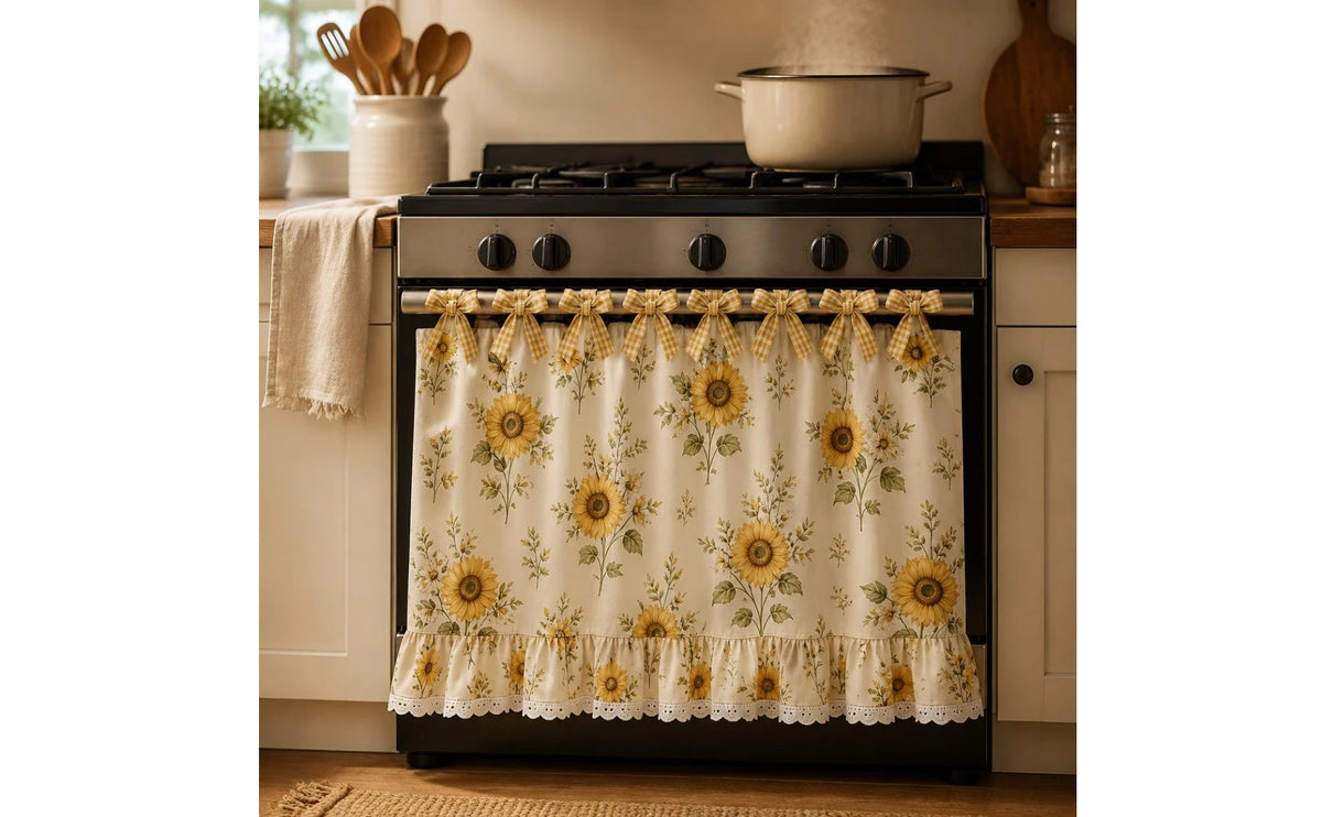 A black stove with a floral oven skirt featuring yellow and green flowers and a ruffled trim.