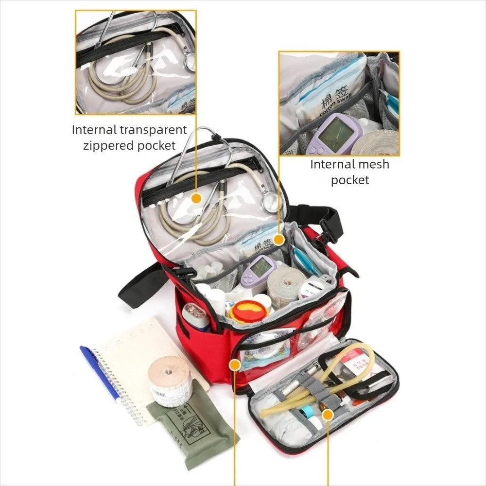 A red waterproof double-layer trauma and first aid bag showing internal pockets for medical supplies.
