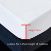 A white fitted sheet is shown next to a measurement guide indicating a height of 25cm, suitable for mattresses between 5-25cm