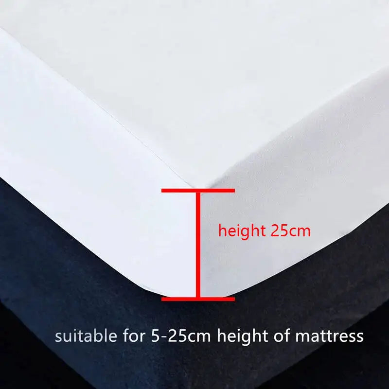 A white fitted sheet is shown next to a measurement guide indicating a height of 25cm, suitable for mattresses between 5-25cm
