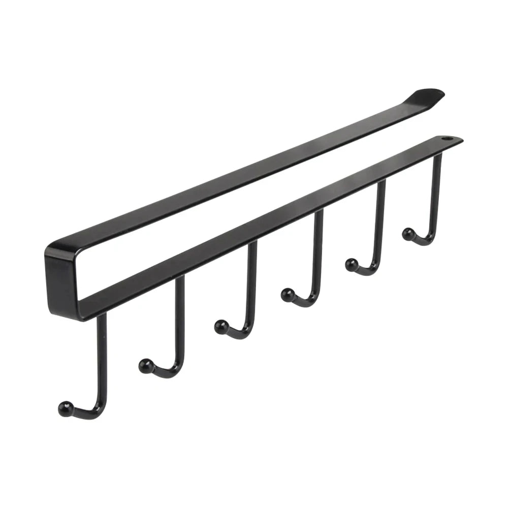 Black under-shelf cup and utensil holder with six hanging hooks