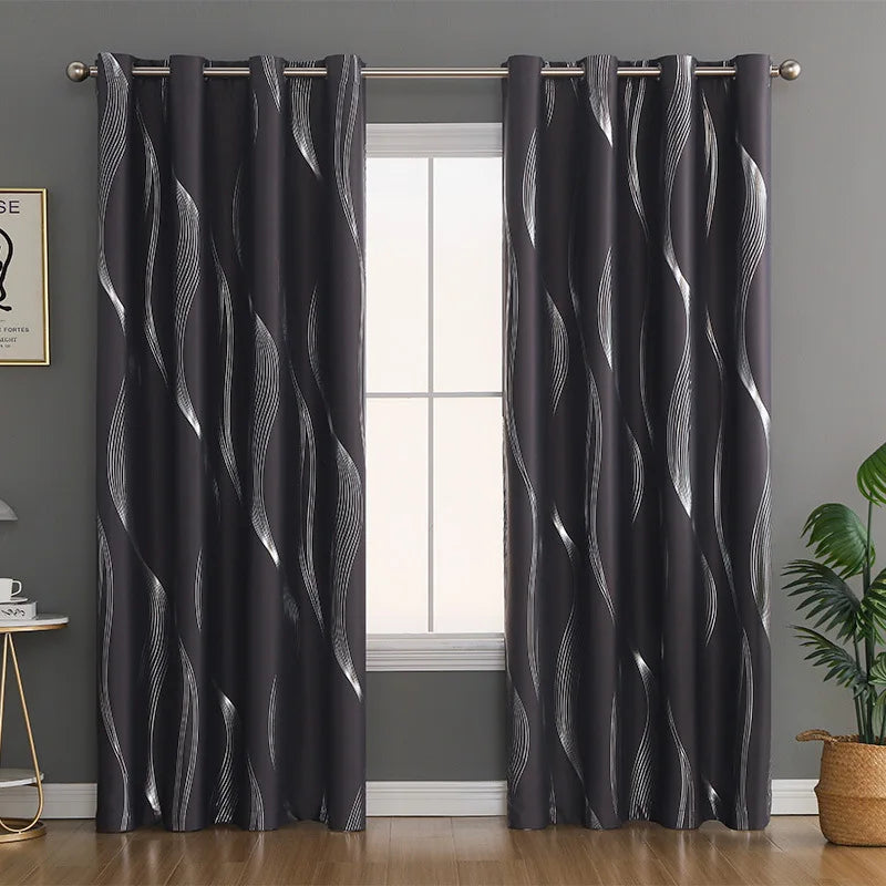 Silver Wave Pattern Blackout Curtains with Thermal Insulation and Noise Reduction