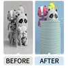 Before and after comparison of a foldable striped laundry basket with handles, showing the product in use.