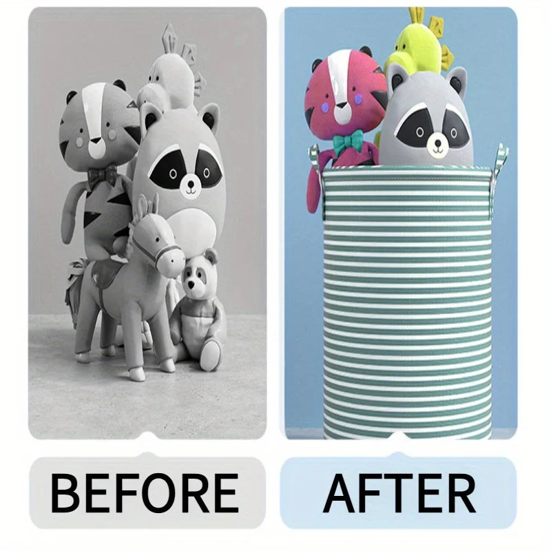 Before and after comparison of a foldable striped laundry basket with handles, showing the product in use.