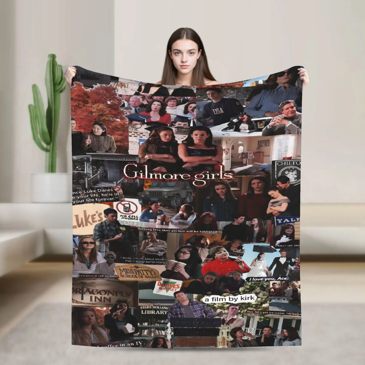 A fan throw blanket featuring a collage of Gilmore Girls characters and scenes.