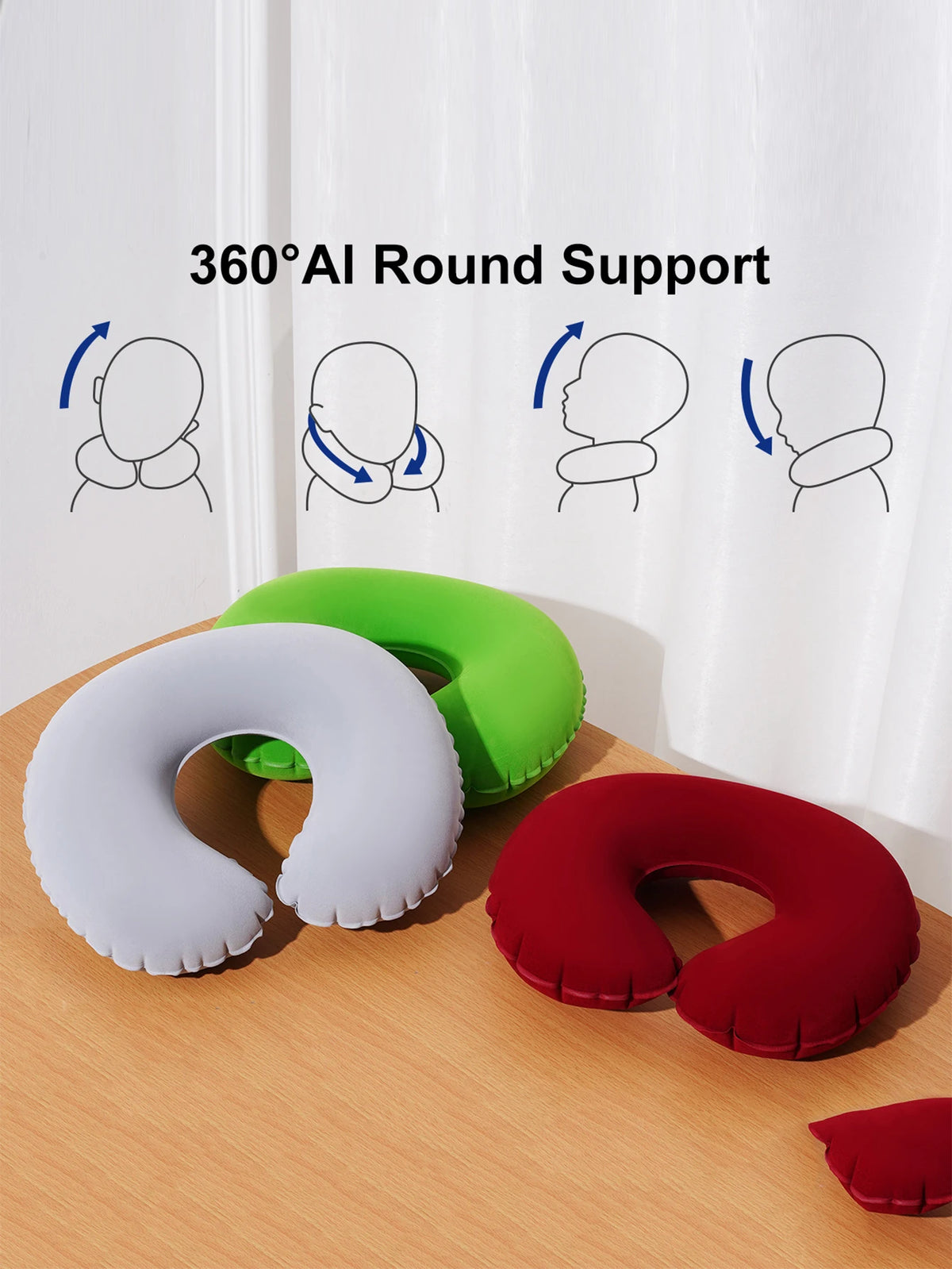 Three inflatable U-shaped neck pillows in white, green, and red are shown with 360 degree support.