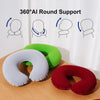 Three inflatable U-shaped neck pillows in white, green, and red are shown demonstrating 360 degree support.