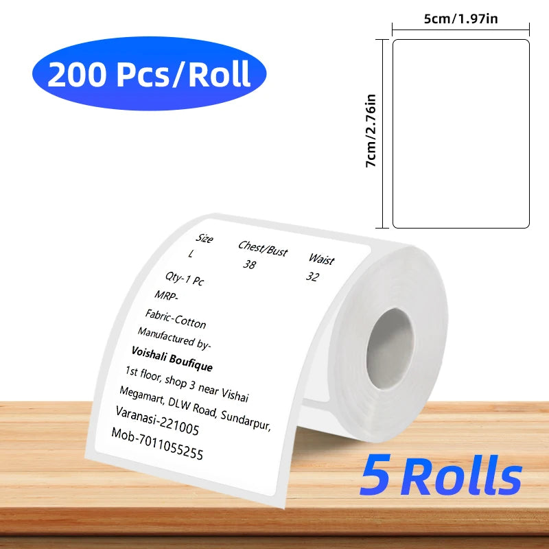 Roll of thermal label paper with size options and manufacturer details shown on a wooden surface