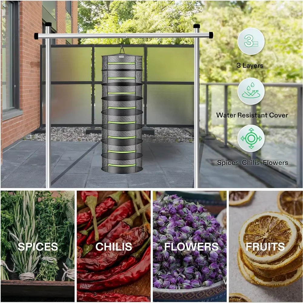 Multi-Layer Hanging Herb Drying Rack with Zippered Mesh Nets
