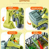 A yellow and green multifunctional toy truck designed for dinosaur gameplay, featuring a movable digging head, rotatable gimb
