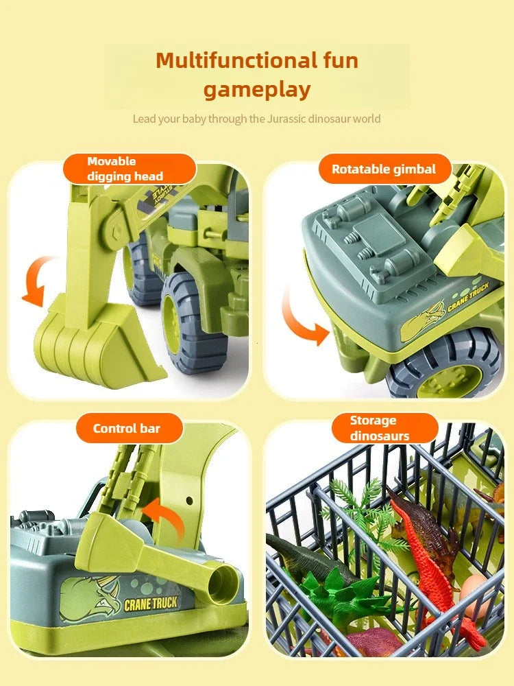A yellow and green multifunctional toy truck designed for dinosaur gameplay, featuring a movable digging head, rotatable gimb
