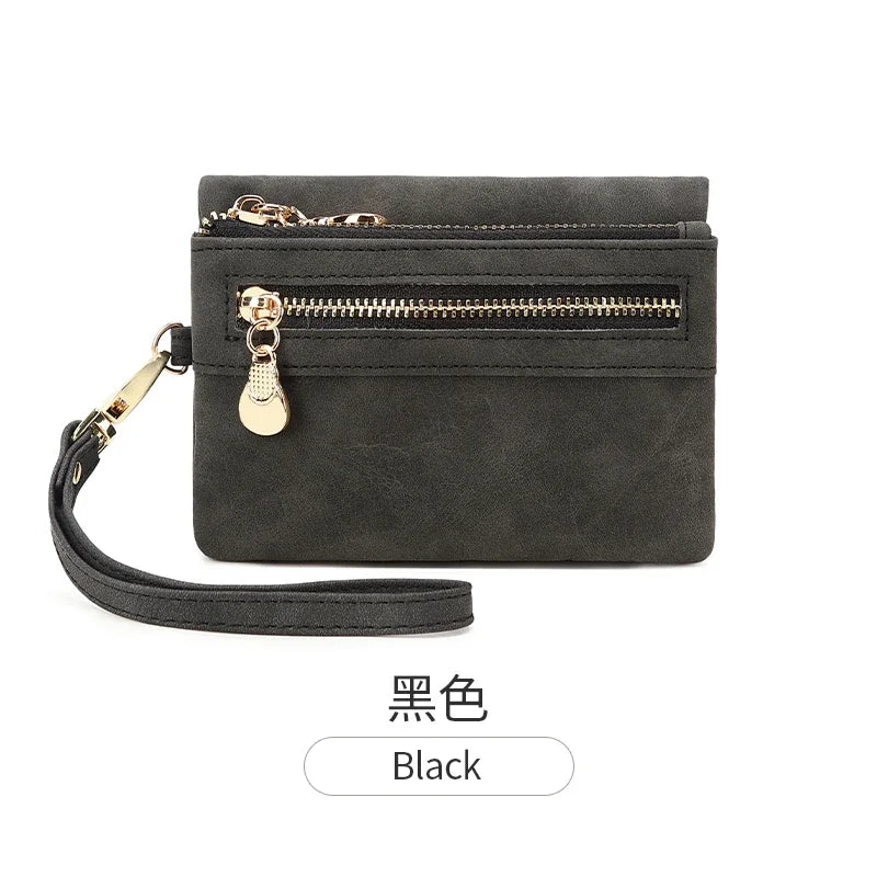 Vintage PU Leather Foldable Clutch Wallet with Wrist Strap