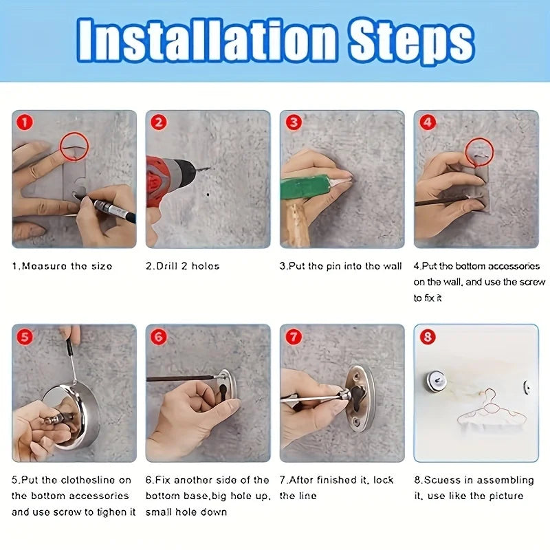 Installation steps showing how to mount a stainless steel clothesline on a wall.