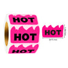 A roll of fluorescent pink irregular-shaped stickers with the word HOT printed on them.