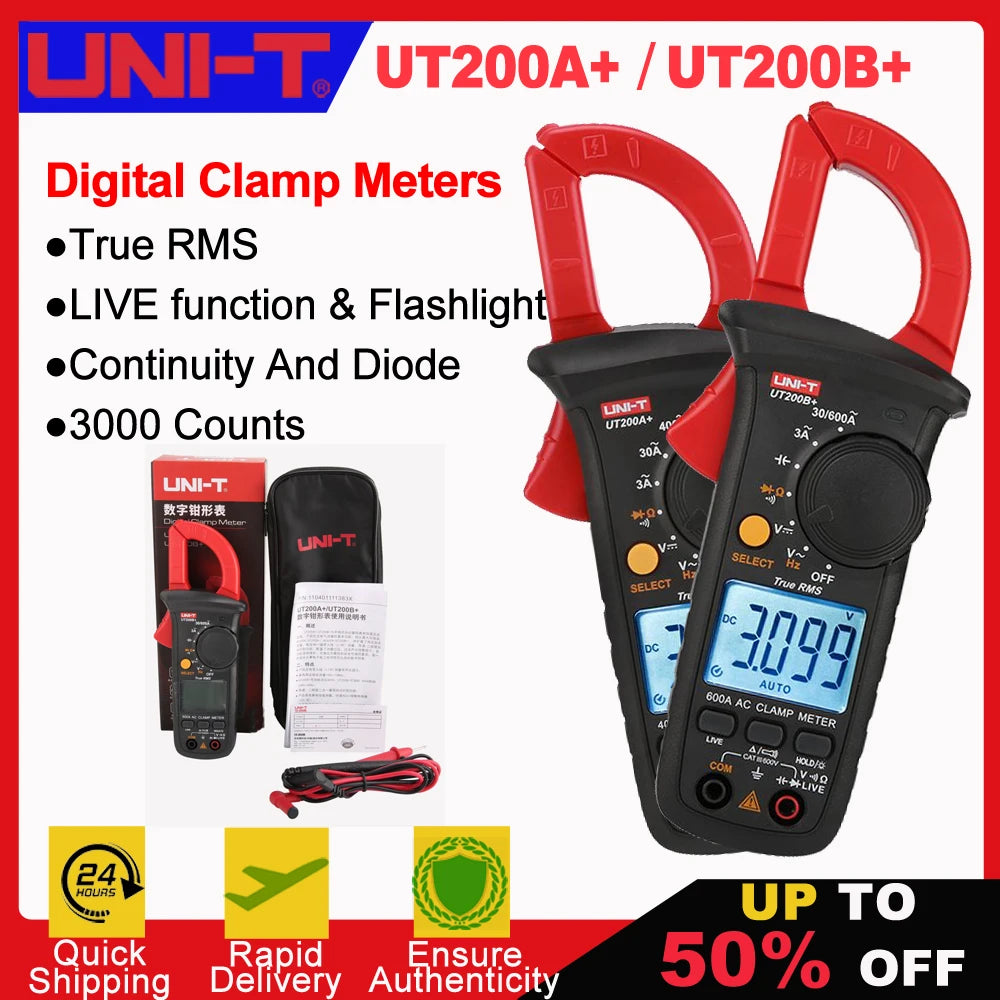 Red digital clamp meter with True RMS function and display showing 3.099 volts