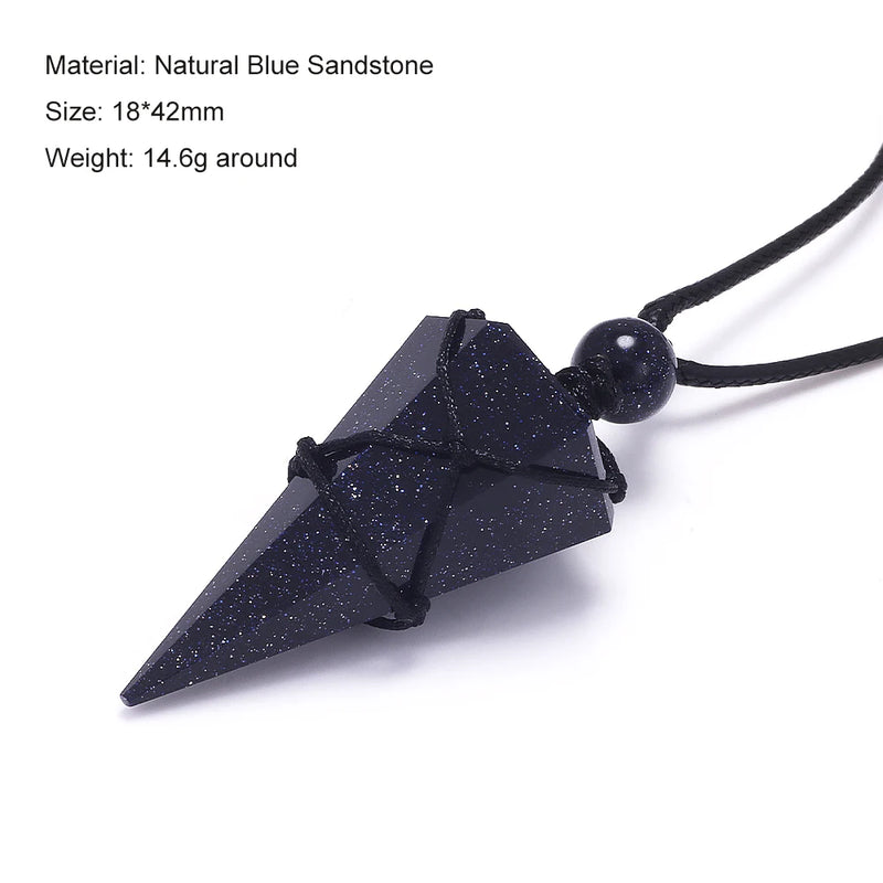 Geometric Natural Stone Pendant Necklace with Adjustable Leather Cord