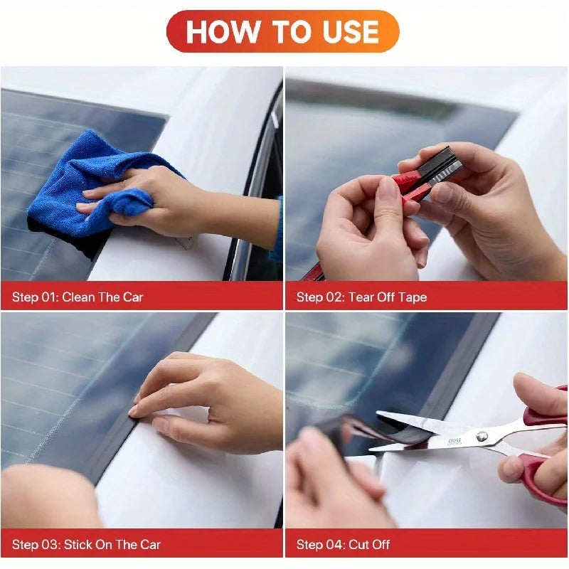 Step-by-step instructions showing how to use a T-shaped rubber seal strip for car windshield gap protection.