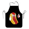 A black apron featuring a graphic of a hot dog with a thumbs-up sign.