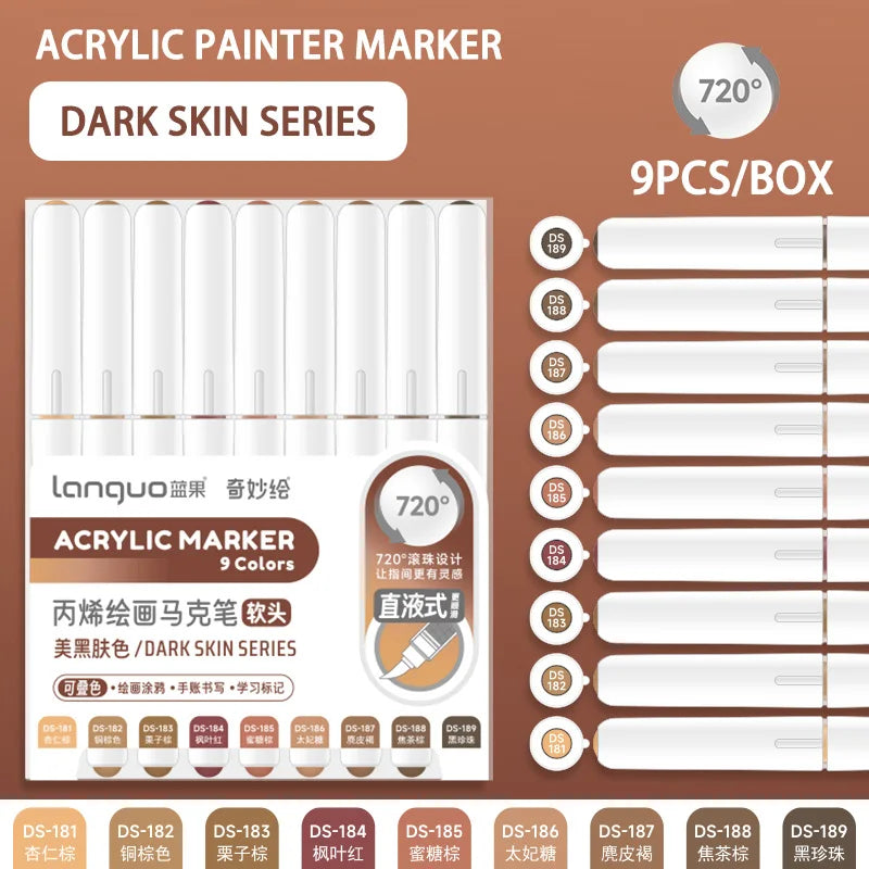 Acrylic paint marker dark skin series set with 9 colors and fine tips