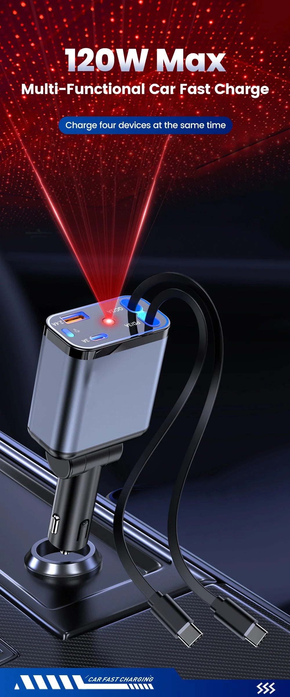 A close-up of a 120W multi-functional car fast charger device with a flexible cable plugged into a car port.