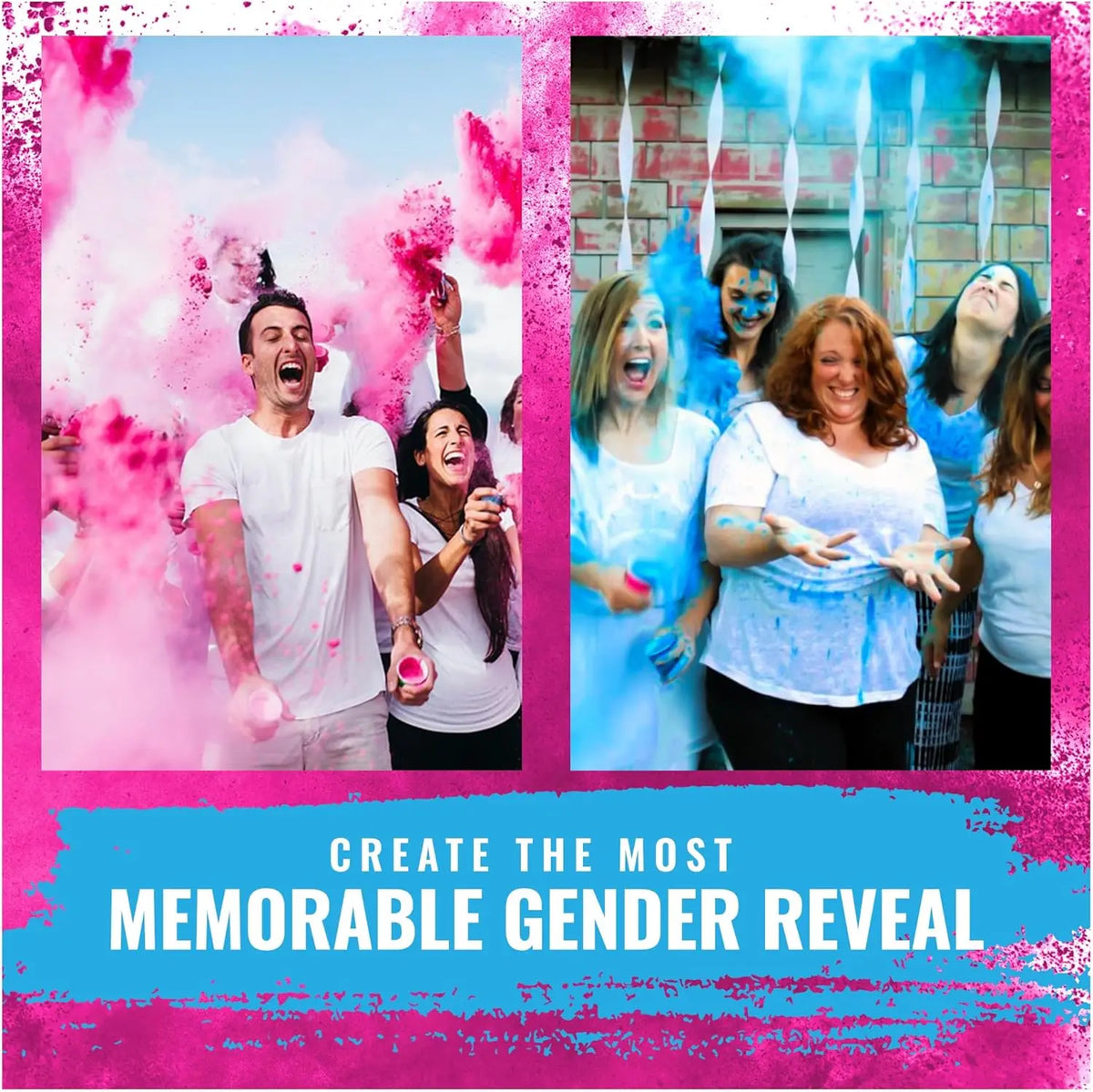 A group of women celebrating a gender reveal with pink and blue colored powder in a vibrant setting.