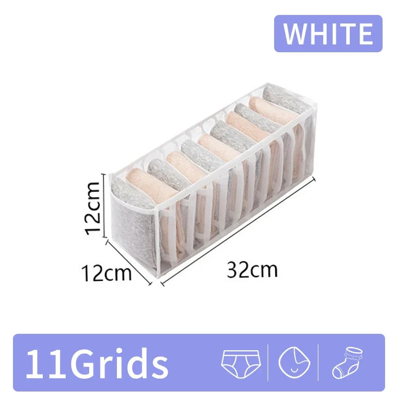 White foldable closet organizer box with 11 grids for storing underwear, socks, and accessories