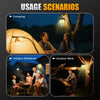 Four people enjoying an outdoor evening with a solar flickering flame lantern illuminating a tree.