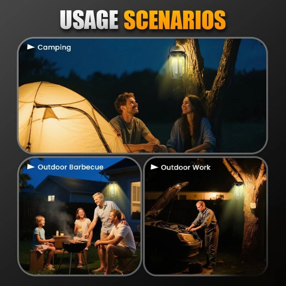 Four people enjoying an outdoor evening with a solar flickering flame lantern illuminating a tree.