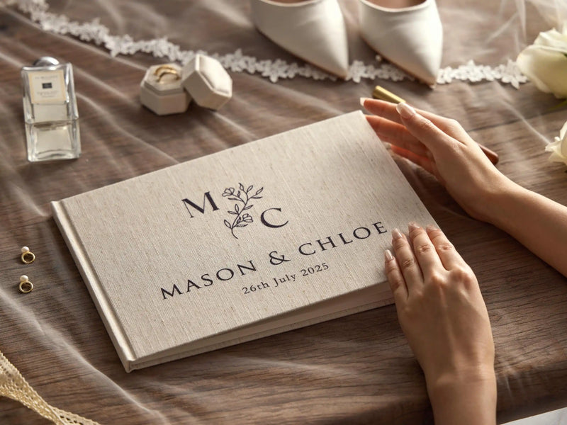 Libro de invitados de lino personalizado para bodas