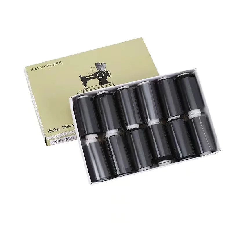 A box of 12 colors of polyester sewing thread with prewound bobbins is shown.