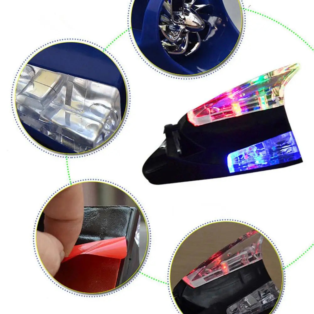 Close-up view of a wind-powered LED antenna light for vehicles showing various components and lighting features.
