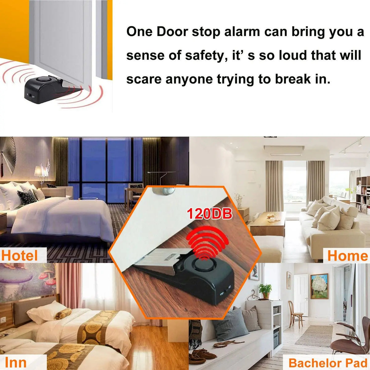 A black portable door stopper alarm with a wedge design is shown in various contexts like a hotel room, inn, and home.