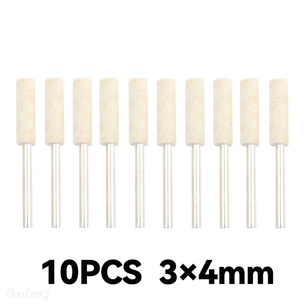 Ten pieces of light beige wool felt polishing wheels with 3mm shank pins.