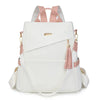 A white vegan leather backpack with pink accents and a laptop compartment.